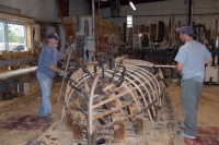The backbone is setup on the Beetle Cat mold (which all Beetles have been built on since 1946!). The white oak ribs are then steamed and bent on.