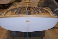 Forward parts(mast step, mast partner)are fastened in and deck structure and natural cedar cockpit are installed.